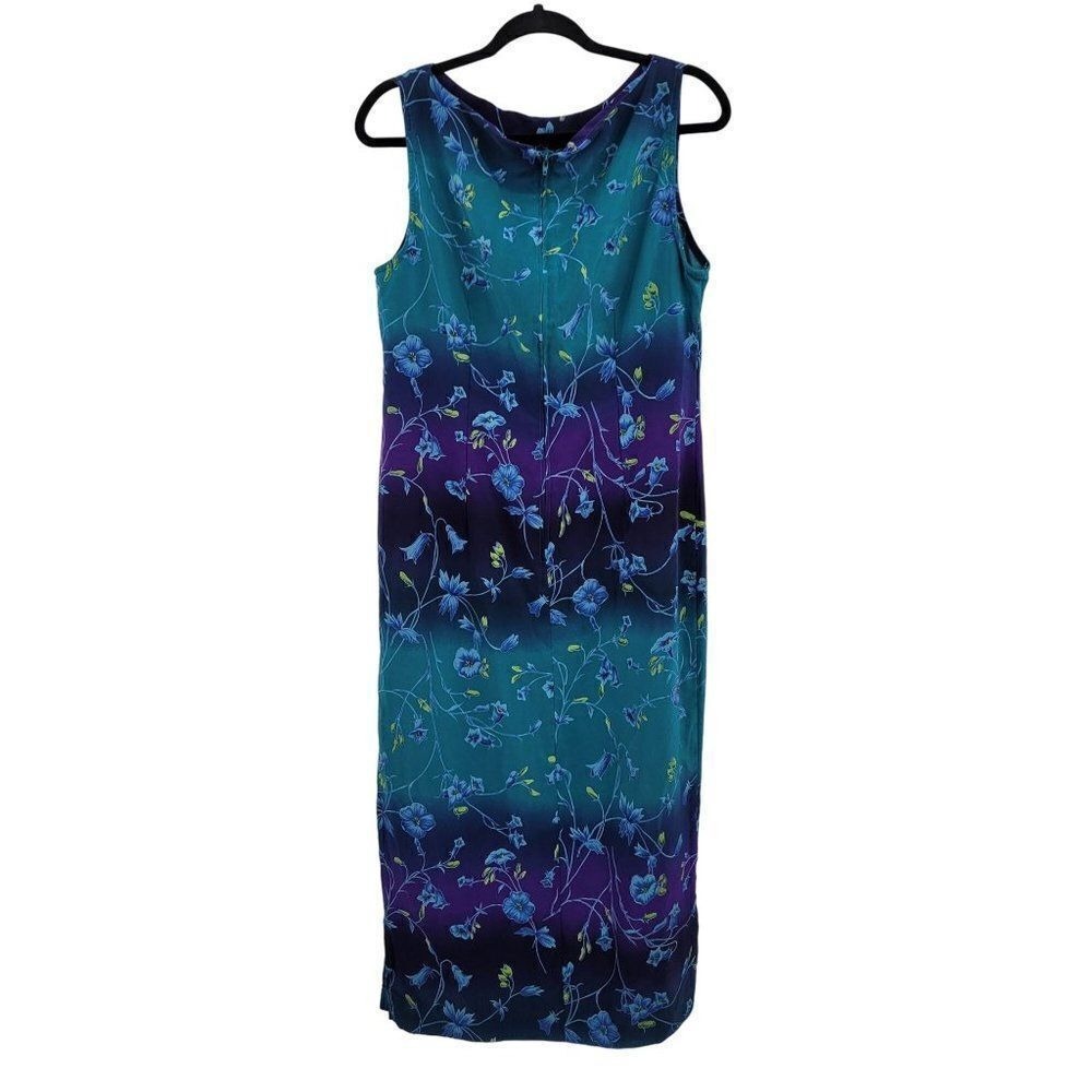 Vtg 80s Fairy Grunge Floral Wiggle Side Slit Maxi Dress Sz 14 Teal Purple Ombre